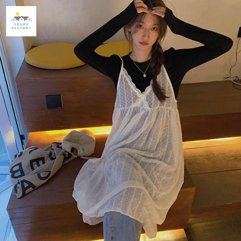프렌치 시스루레이어드원피스 망사 뷔스티에 레이스 심플 끈나시 - 상품 이미지