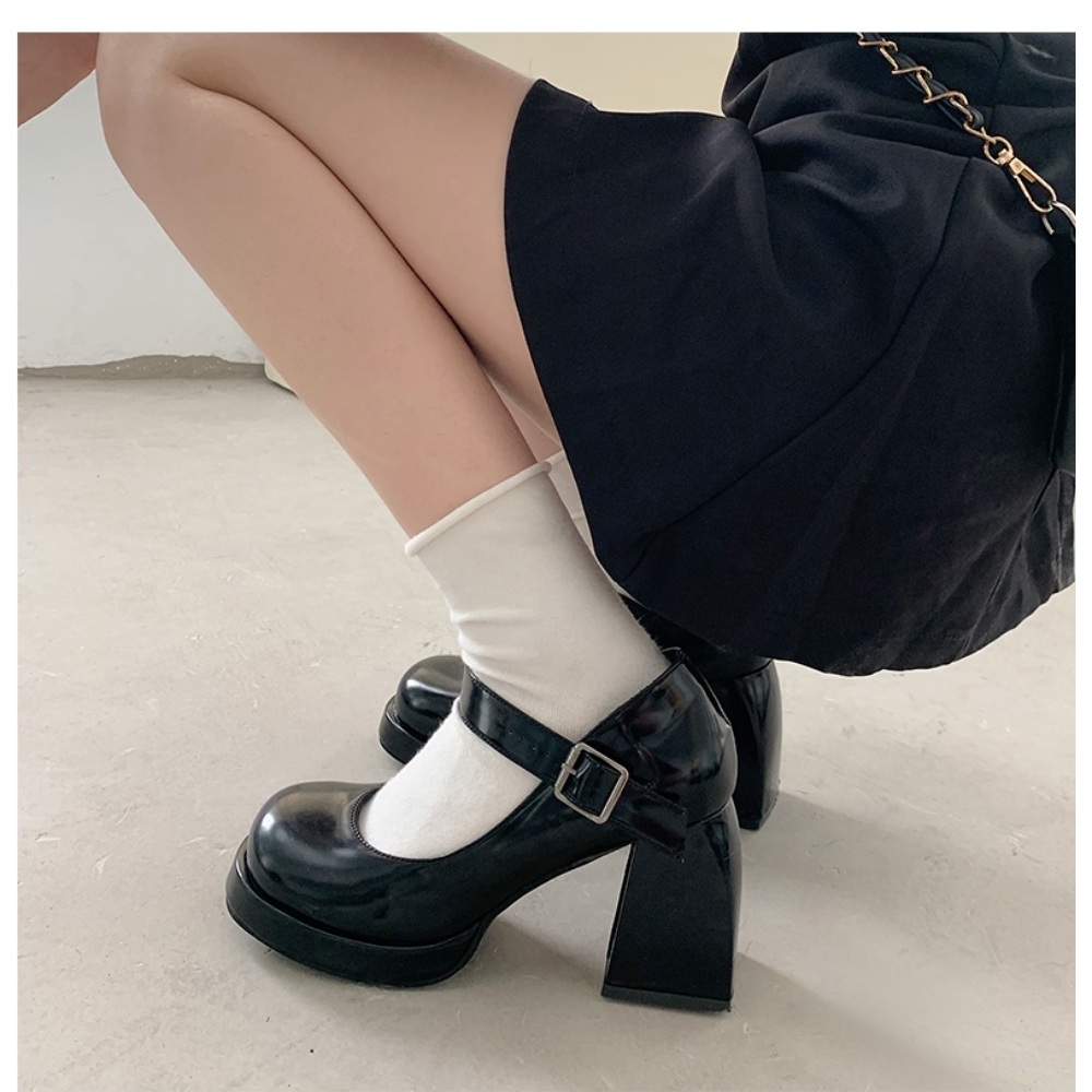 통굽 가죽 키높이 메리제인 하이힐 구두 블랙 화이트 예쁜 디자인 9CM - 상세 이미지 2