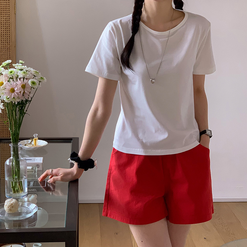 면 스판 여성코튼 라운드 레이어드 티셔츠 이너 모달 긴팔 기본 흰티 여자 반팔티 티셔츠 - 상세 이미지 5