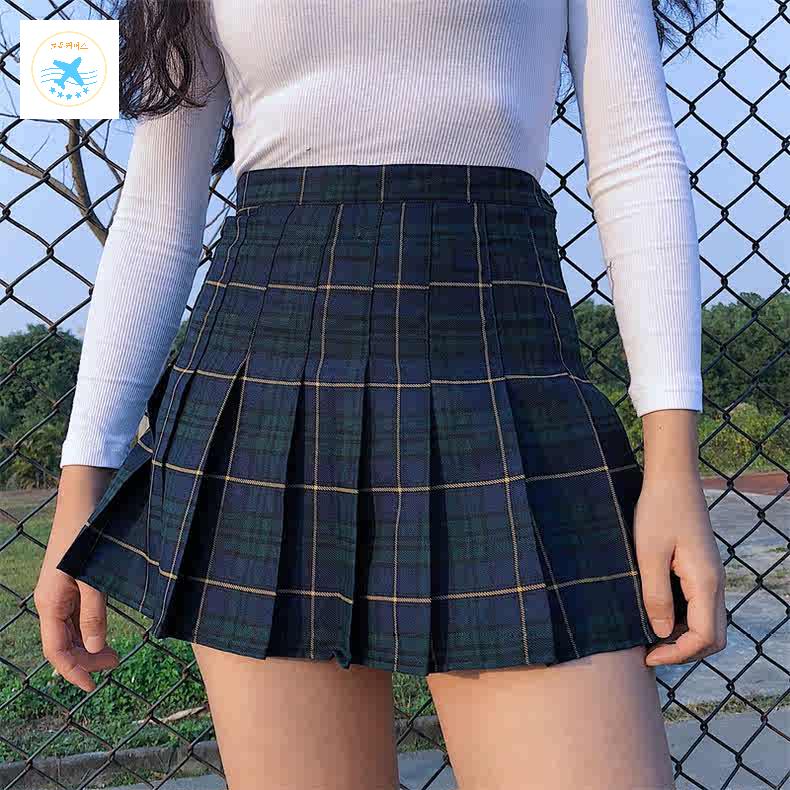 체크 테니스 미니스커트 그린 스커트 레드 속바지 플리츠 - 상품 이미지