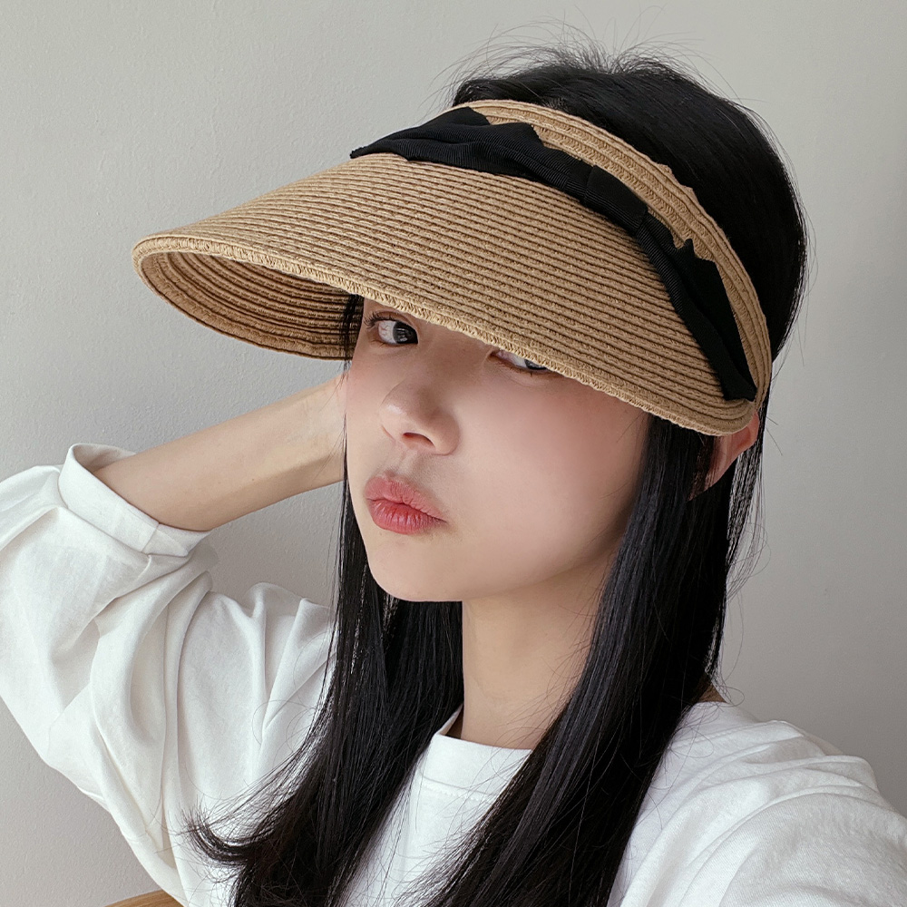 여성 밀짚 리본 썬캡 자외선 차단 라피아 넓은챙 이미지 6