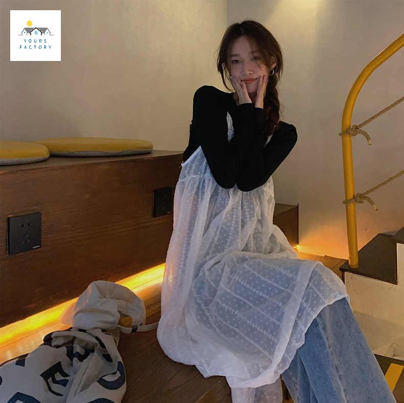 프렌치 시스루레이어드원피스 망사 뷔스티에 레이스 심플 끈나시 - 상세 이미지 4