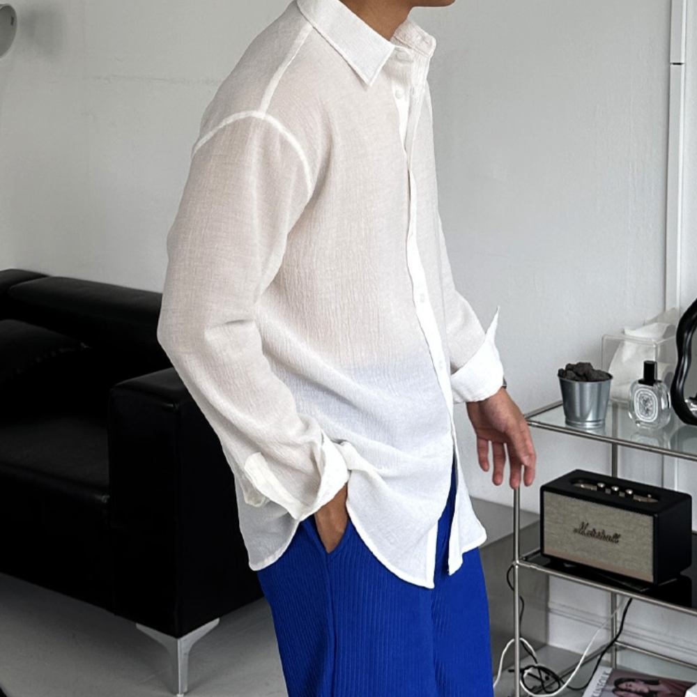 남자 피피 세미오버핏 여름 에어 쿨링 플리츠 주름 셔츠 - 상세 이미지 5