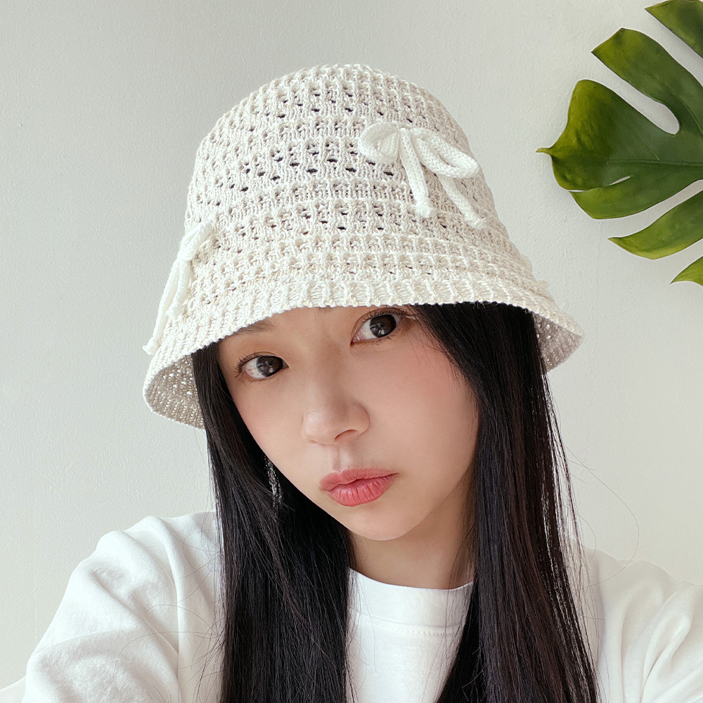 동대문모자 린넨 니트 펀칭 리본 벙거지 여성 여름 플로피햇 버킷햇 - 상세 이미지 2