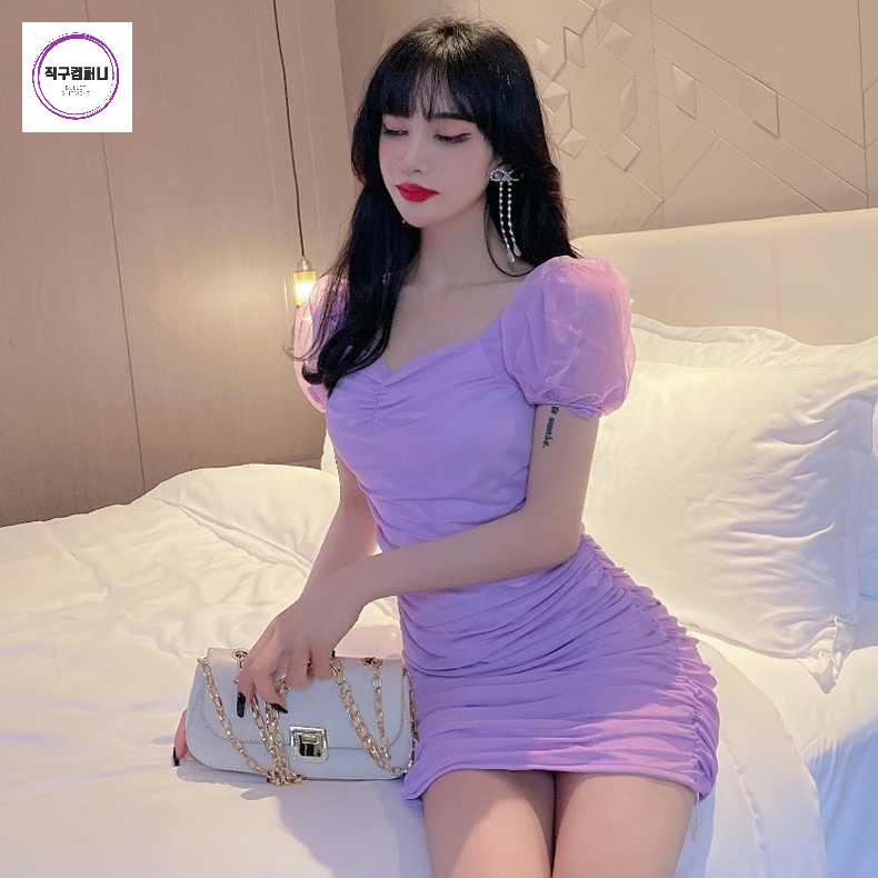 보라색 반팔 퍼프 글래머 홀복 트임 원피스 클럽룩 - 상품 이미지
