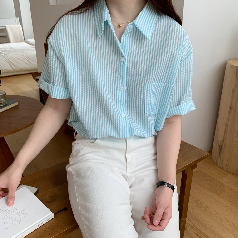 스트라이프 셔츠 시어서커 오버핏 여성 반팔 셔츠 블라우스 여름 남방 휴양지 블랙 핑크 이미지 4
