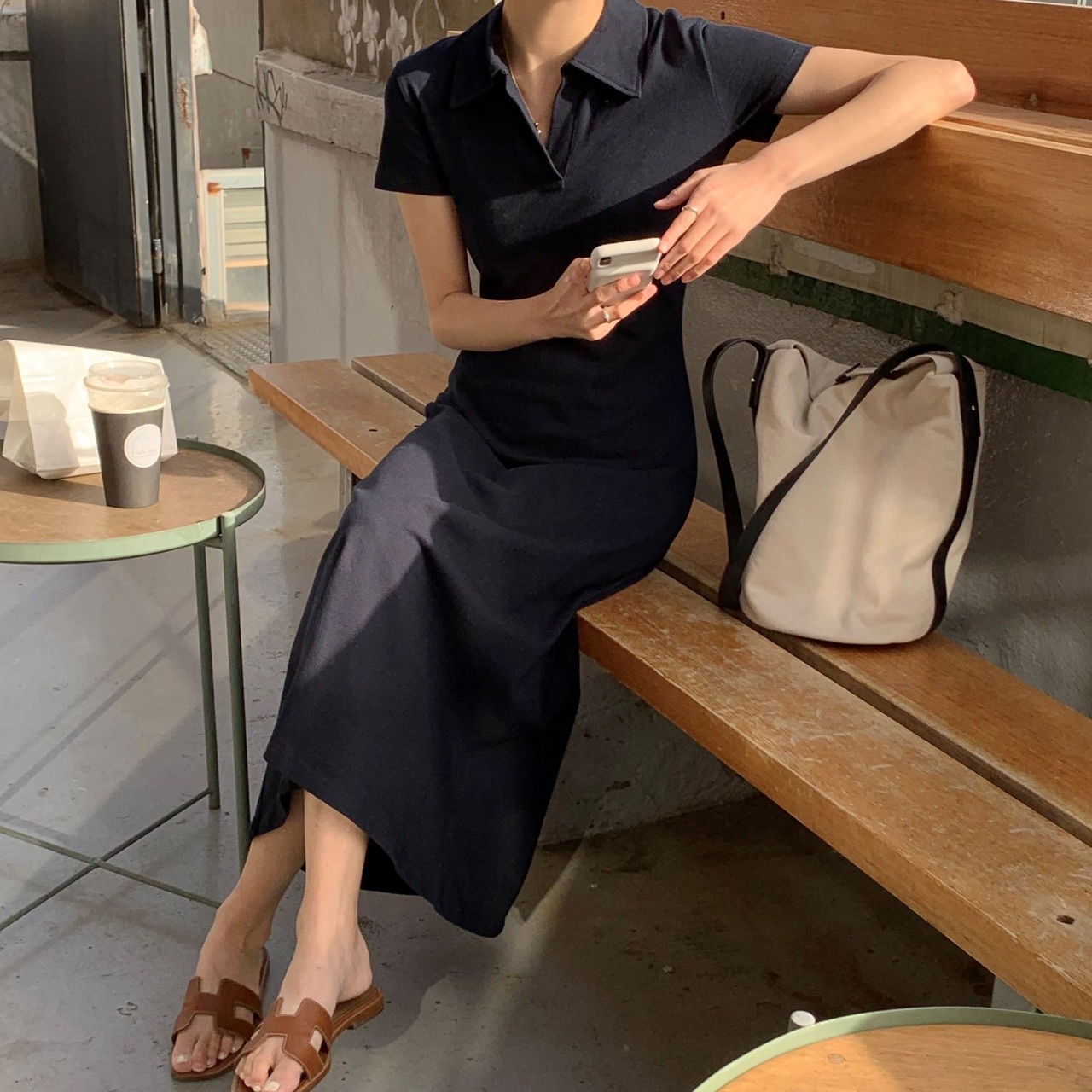 네시아 카라 피케이 반팔 여름 결혼식 하객룩 77사이즈 휴양지 빅사이즈 플레어 롱원피스 제품 이미지