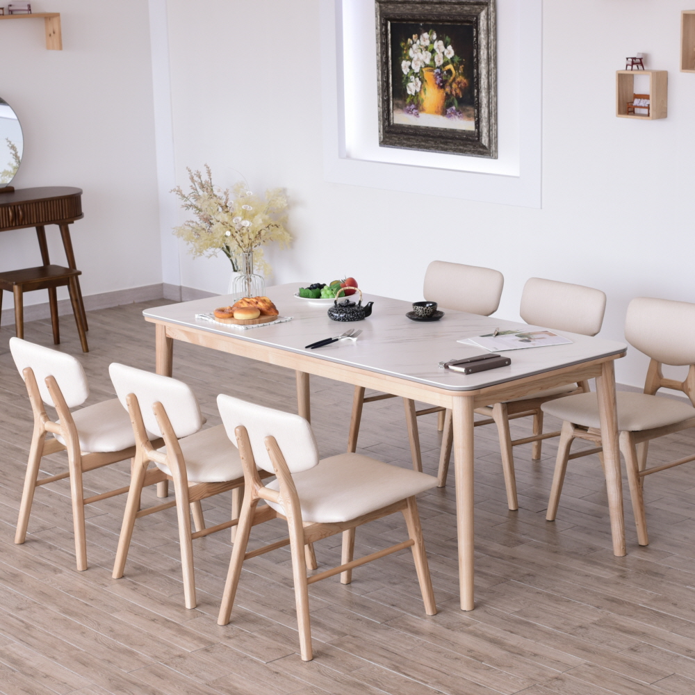 이즈네이처 브론디 고품격 이태리세라믹 애쉬원목 6인용식탁세트 의자 6개세트