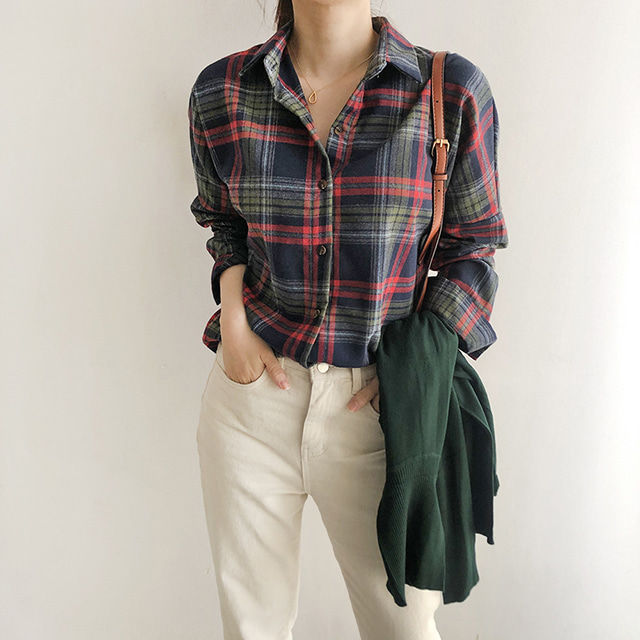 여자 체크 남방 오버핏 셔츠 가오리핏 기모 여성 셔츠 겨울 가을 블라우스 네이비 브라운 - 상세 이미지 2