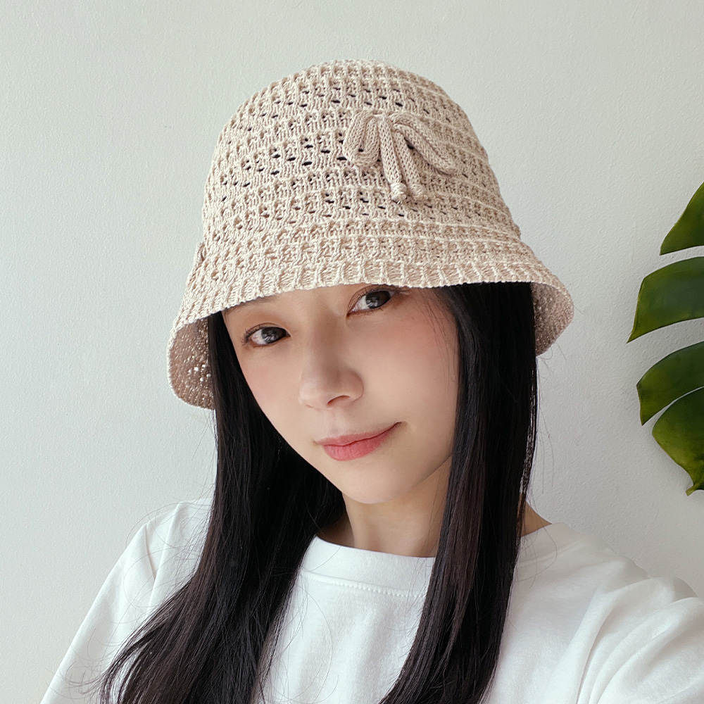 동대문모자 린넨 니트 펀칭 리본 벙거지 여성 여름 플로피햇 버킷햇 - 상세 이미지 4