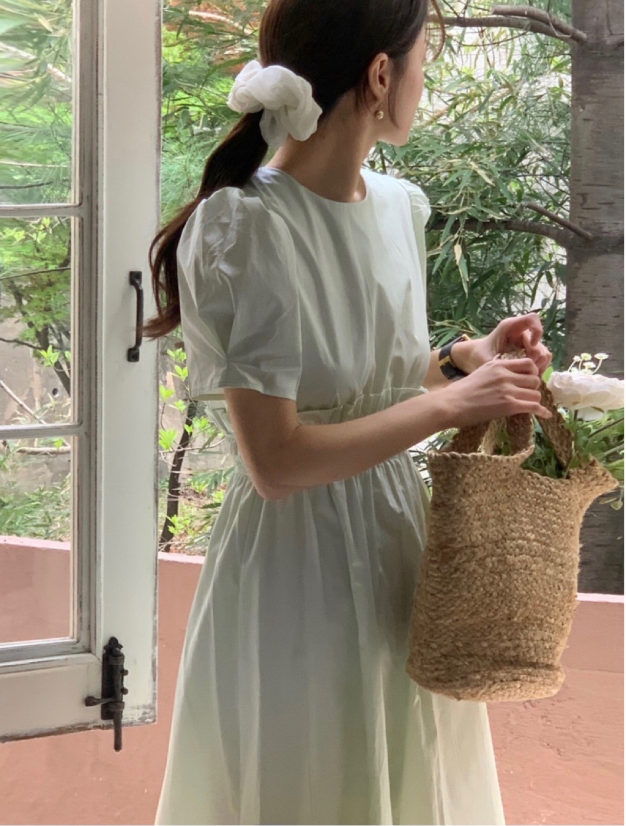 에들린 반팔 허리 밴딩 소매퍼프 벌룬 셔링 루즈핏 플레어 여름 코튼 러블리 롱 원피스