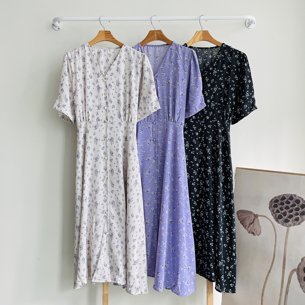 여름 쉬폰 롱원피스 여성 플라워 브이넥 콩단추 반팔 원피스 하객 휴양지