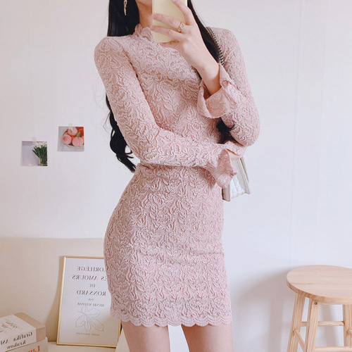 미니 원피스 섹시 슬림 시스루 레이스 원피스 핑크 블랙 하객 트윈룩 파티룩 브라이덜샤워 - 상품 이미지