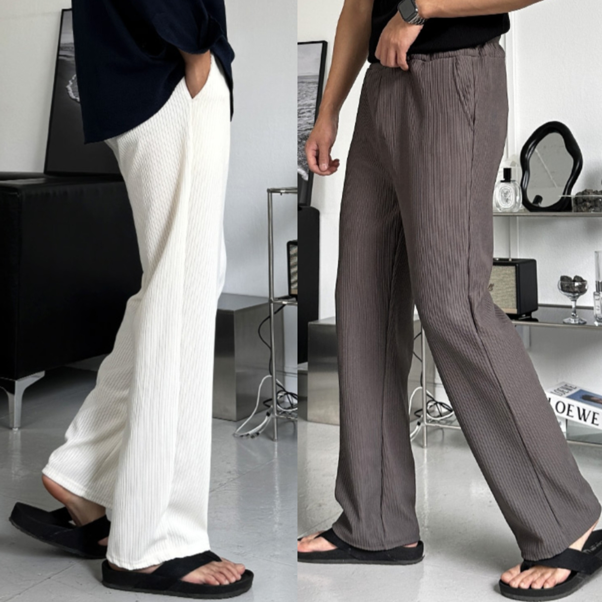 1+1 남자 르롬 여름 쿨링 플리츠 와이드 밴딩 팬츠