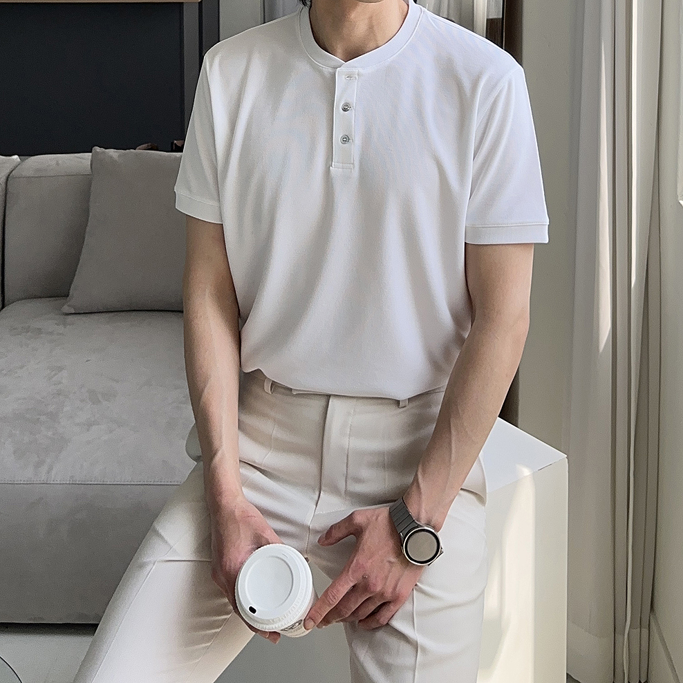 남자 반팔티 머슬핏 헨리넥 무지 반팔 티셔츠 - 상세 이미지 2