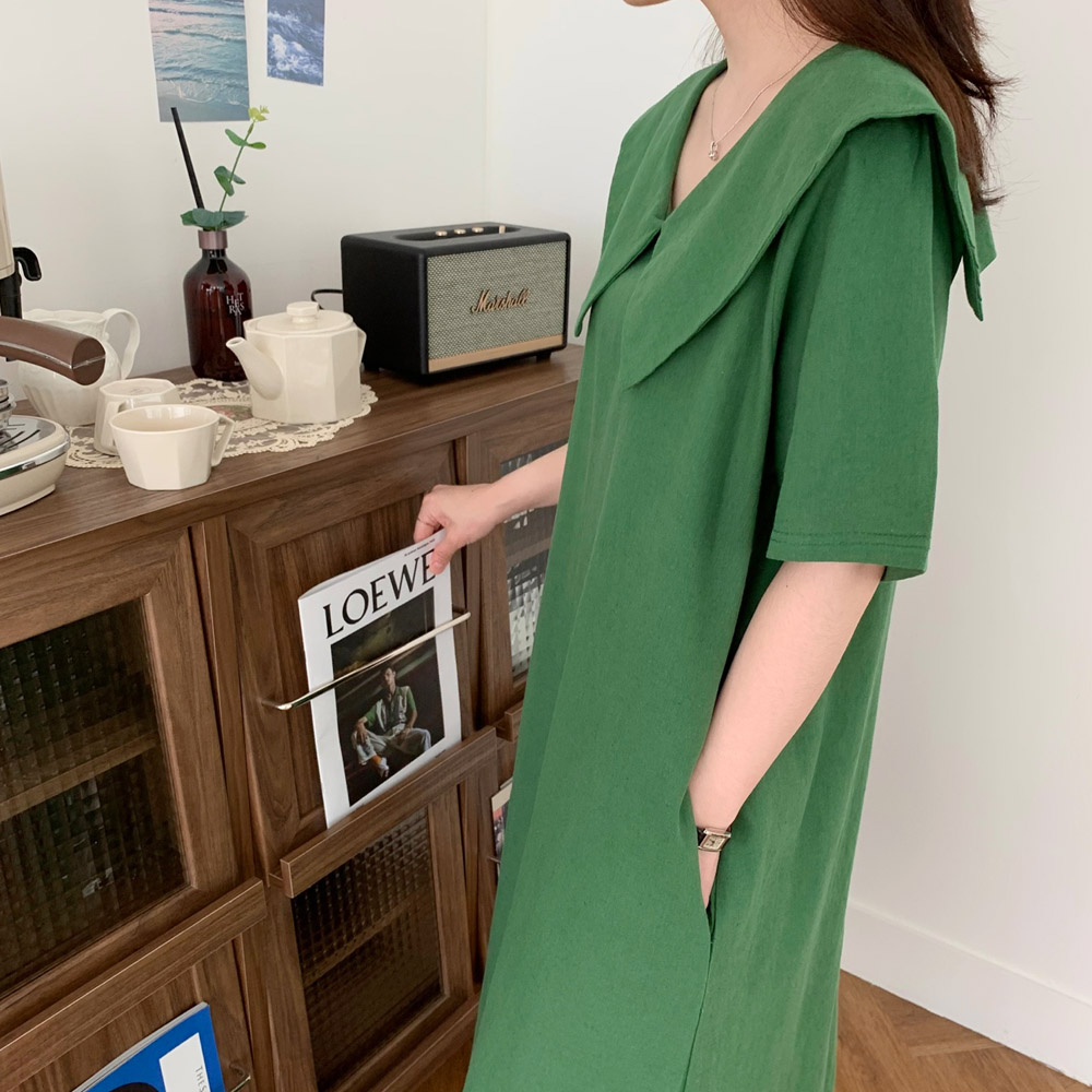 린넨 원피스 빅카라 여름 롱원피스 오버핏 세일러 휴양지 초록 핑크 네이비 보라색 이미지 2