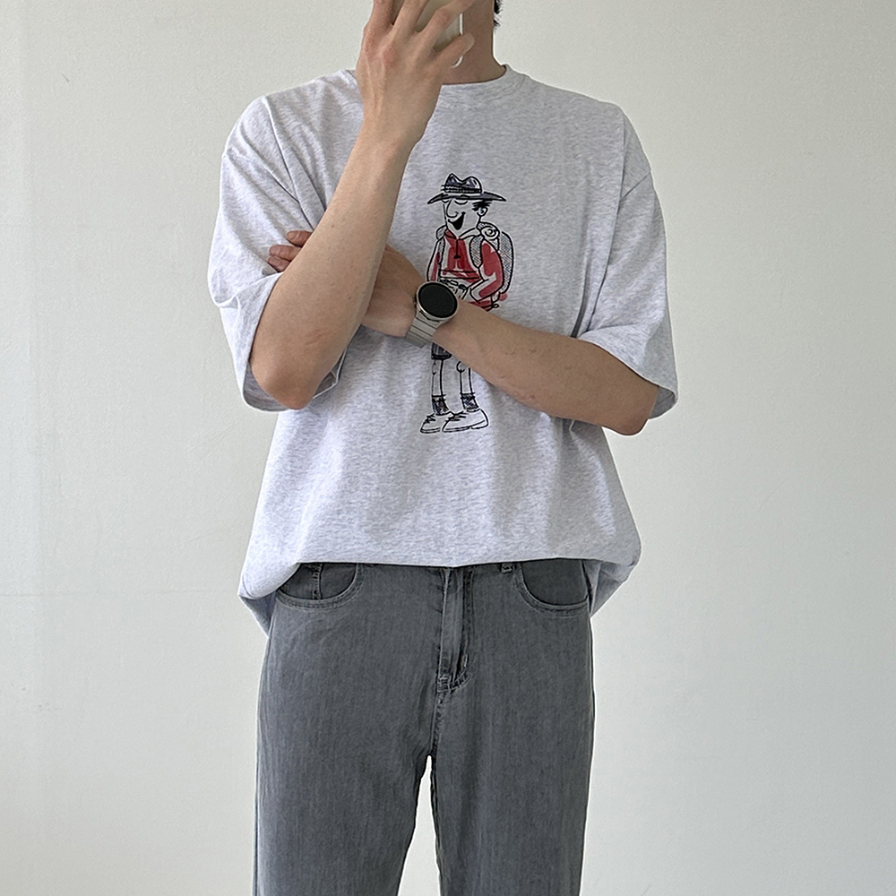 남자 오버핏 반팔티 커플 면 반팔 티셔츠 - 상품 이미지