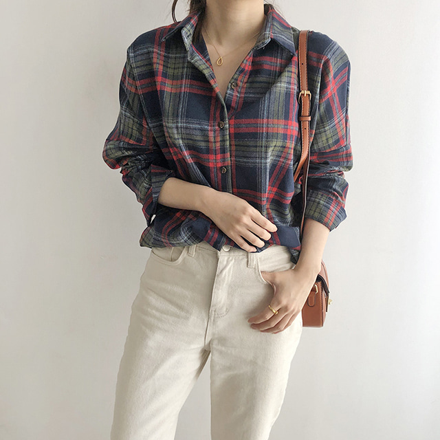 여자 체크 남방 오버핏 셔츠 가오리핏 기모 여성 셔츠 겨울 가을 블라우스 네이비 브라운 - 상세 이미지 3