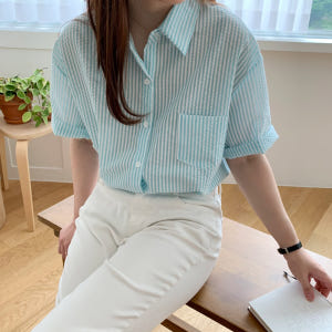 스트라이프 셔츠 시어서커 오버핏 여성 반팔 셔츠 블라우스 여름 남방 휴양... 착용 후기 | 사이즈/핏 총정리 - 상품 이미지 3