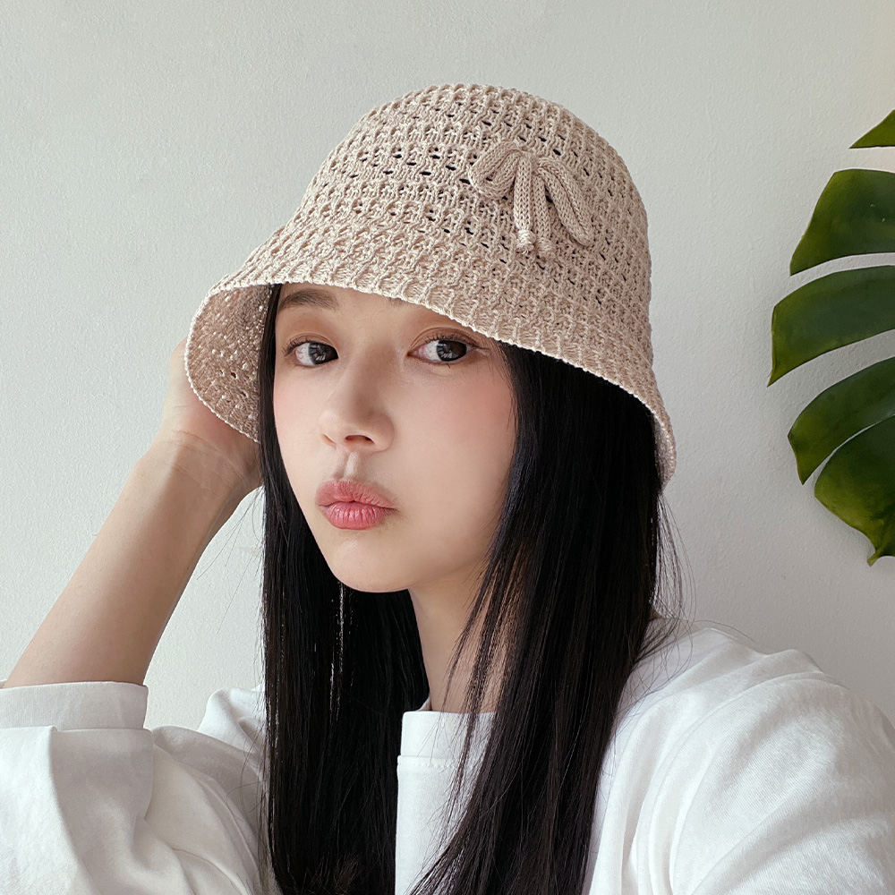 동대문모자 린넨 니트 펀칭 리본 벙거지 여성 여름 플로피햇 버킷햇 - 상세 이미지 5