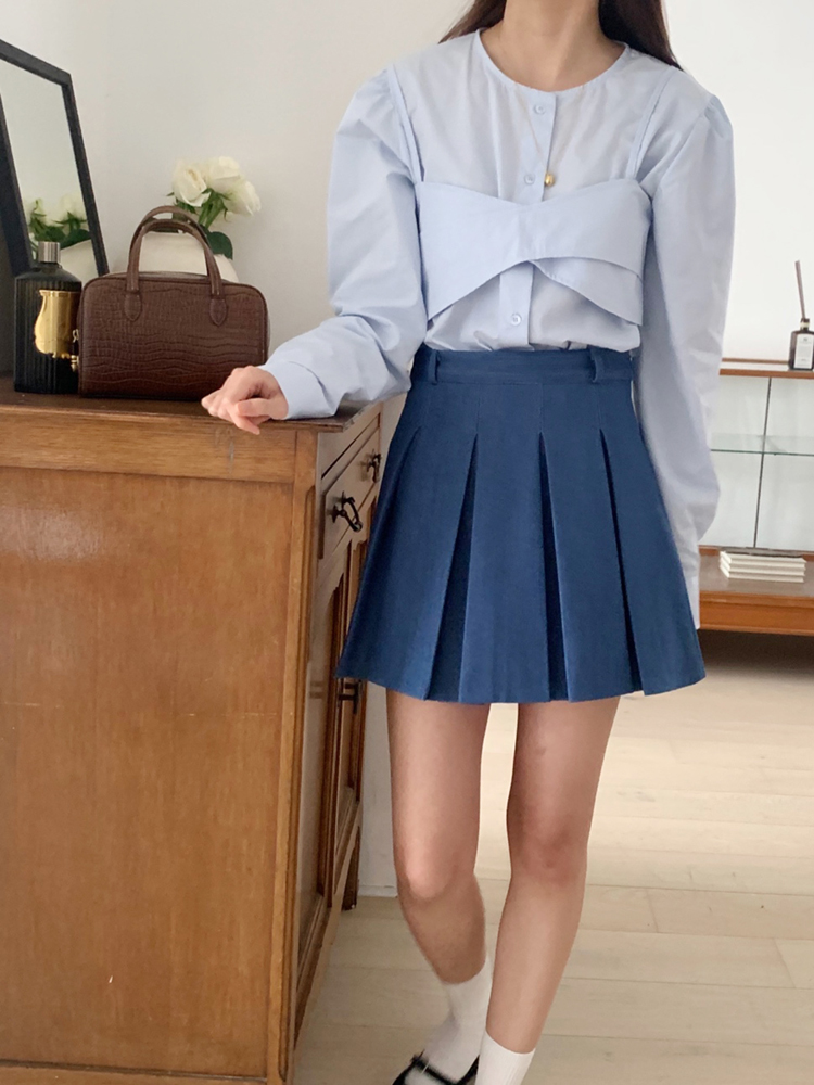 데일리 하이웨스트 데님 스커트 핀턱 플리츠 치마 A라인 치마 가을 여자 미니스커트 청치마 이미지 8