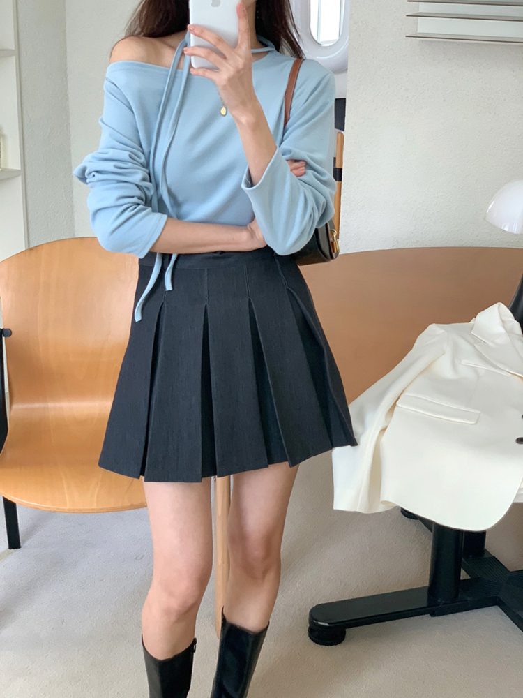 데일리 하이웨스트 데님 스커트 핀턱 플리츠 치마 A라인 치마 가을 여자 미니스커트 청치마