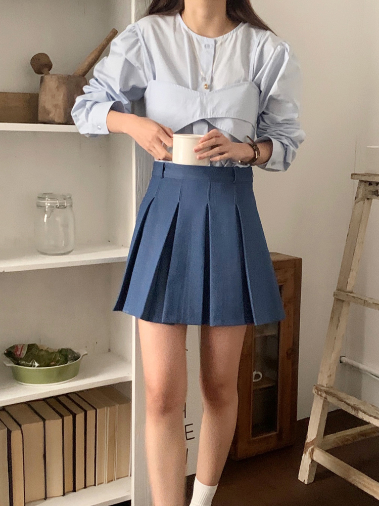데일리 하이웨스트 데님 스커트 핀턱 플리츠 치마 A라인 치마 가을 여자 미니스커트 청치마 이미지 7