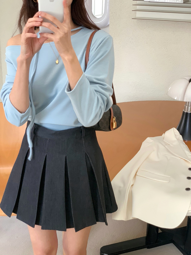 데일리 하이웨스트 데님 스커트 핀턱 플리츠 치마 A라인 치마 가을 여자 미니스커트 청치마 - 상세 이미지 3