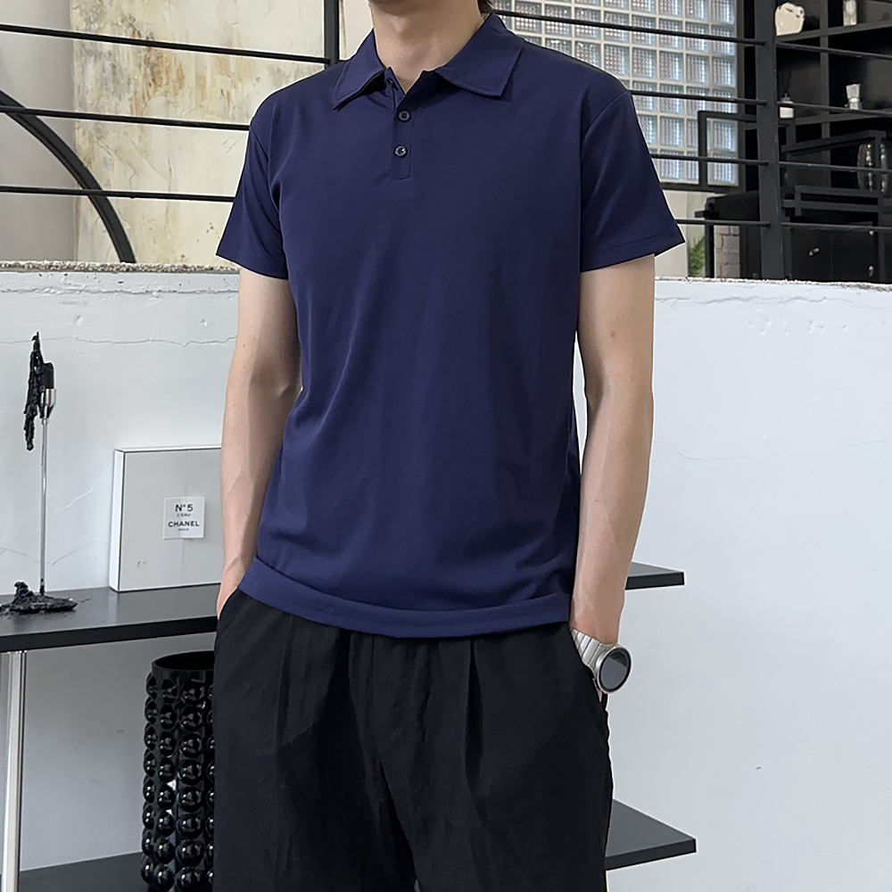 남자 반팔티 머슬핏 아이스 헨리넥 반팔 카라 티셔츠 - 상품 이미지