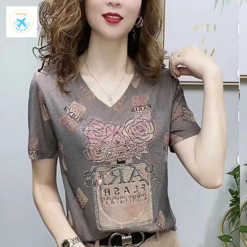 엄마 빅사이즈 루즈핏 브이넥 큐빅 반팔티셔츠 중년여성 상의 플라워패턴 - 상품 이미지