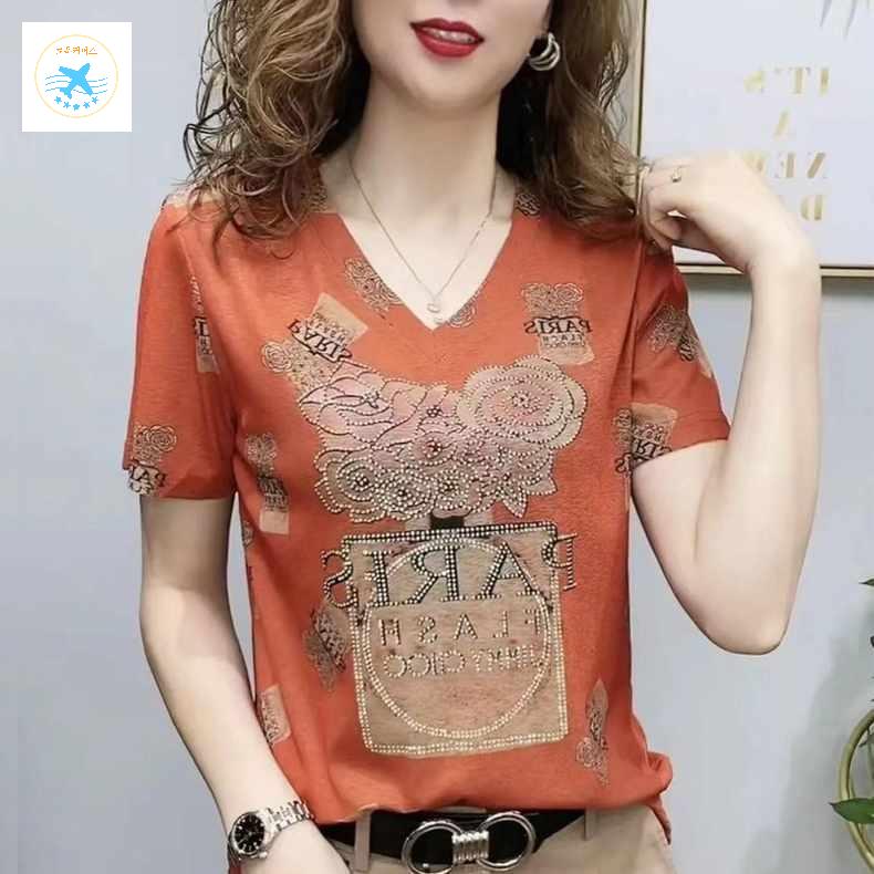 엄마 빅사이즈 루즈핏 브이넥 큐빅 반팔티셔츠 중년여성 상의 플라워패턴 - 상세 이미지 2