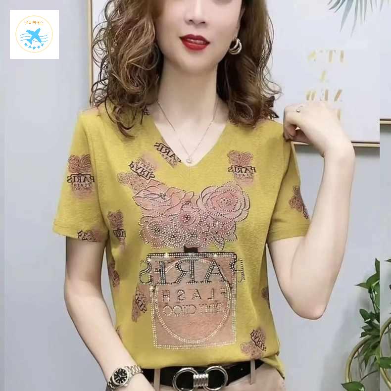 엄마 빅사이즈 루즈핏 브이넥 큐빅 반팔티셔츠 중년여성 상의 플라워패턴 - 상세 이미지 3
