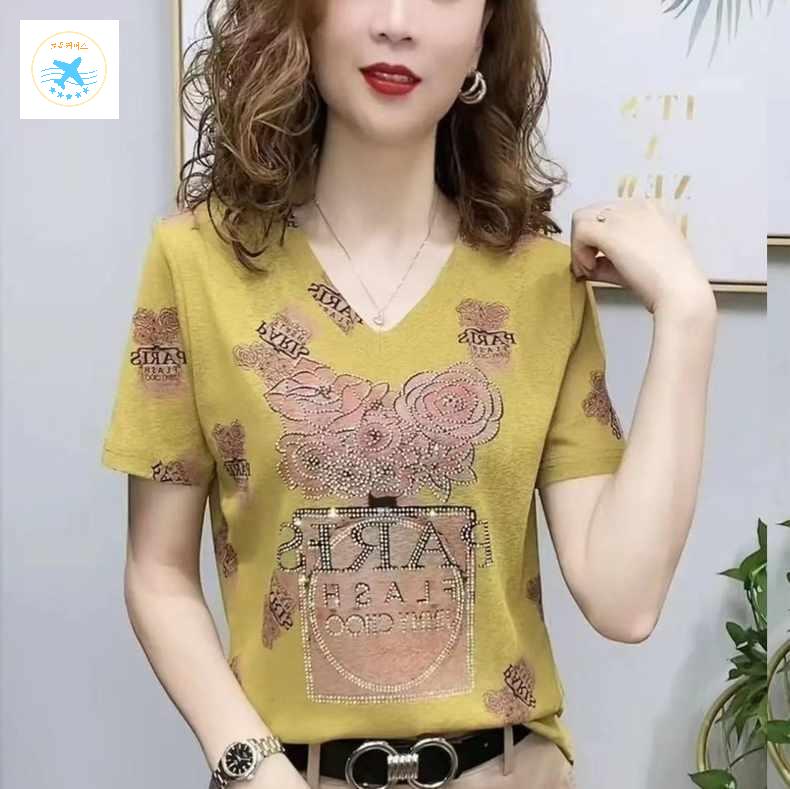 엄마 빅사이즈 루즈핏 브이넥 큐빅 반팔티셔츠 중년여성 상의 플라워패턴 - 상세 이미지 4