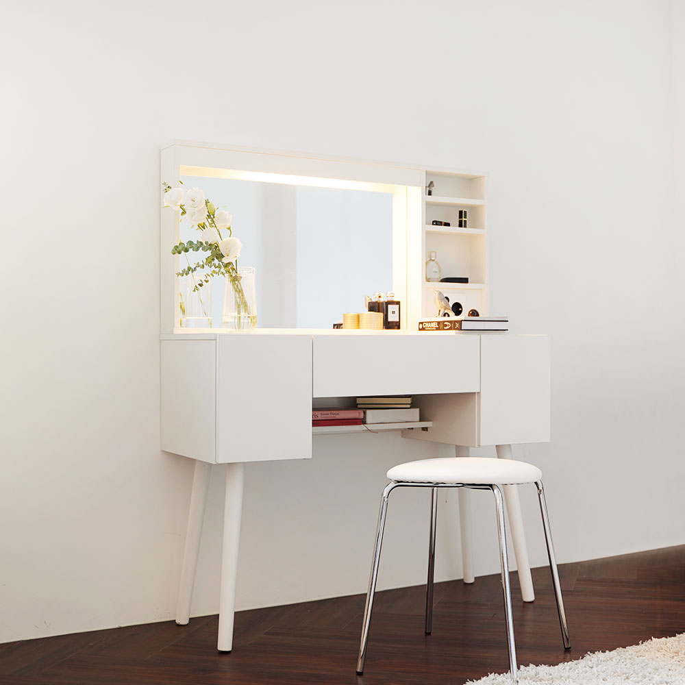 장인가구 뜨레야 LED 거울 원목 콘솔 수납 화장대 (스툴 미포함)