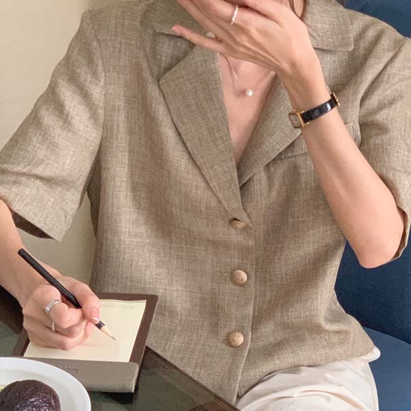 이레 여름 루즈핏 골드버튼 오피스룩 하객룩 칼라넥 반팔 린넨 트위드 싱글 자켓 - 상세 이미지 2