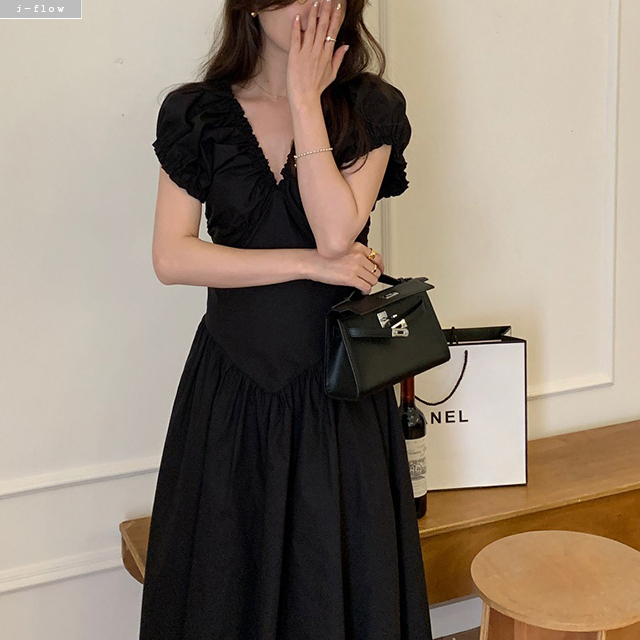 핀치 프릴 브이넥 코튼 롱 원피스 2col 여름 백리스 바스락 퍼프 밴딩 제이플로우 - 상품 이미지