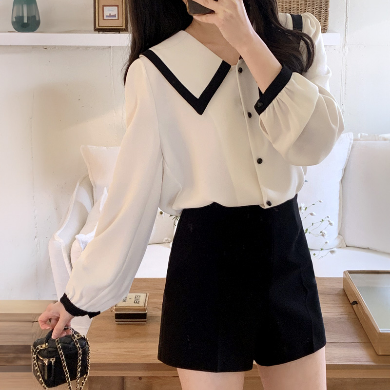 로니 콩단추 빅카라 배색 블라우스 bs7881 - 상세 이미지 2