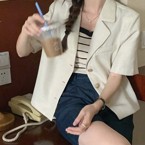 이레 여름 루즈핏 골드버튼 오피스룩 하객룩 칼라넥 반팔 린넨 트위드 싱글 자켓 - 상세 이미지 3