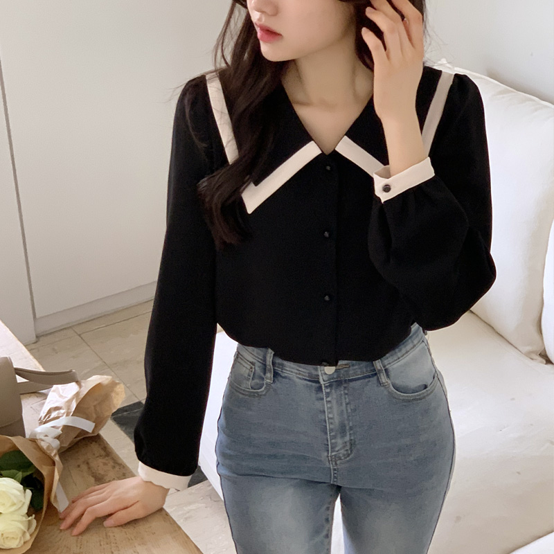 로니 콩단추 빅카라 배색 블라우스 bs7881 - 상세 이미지 4
