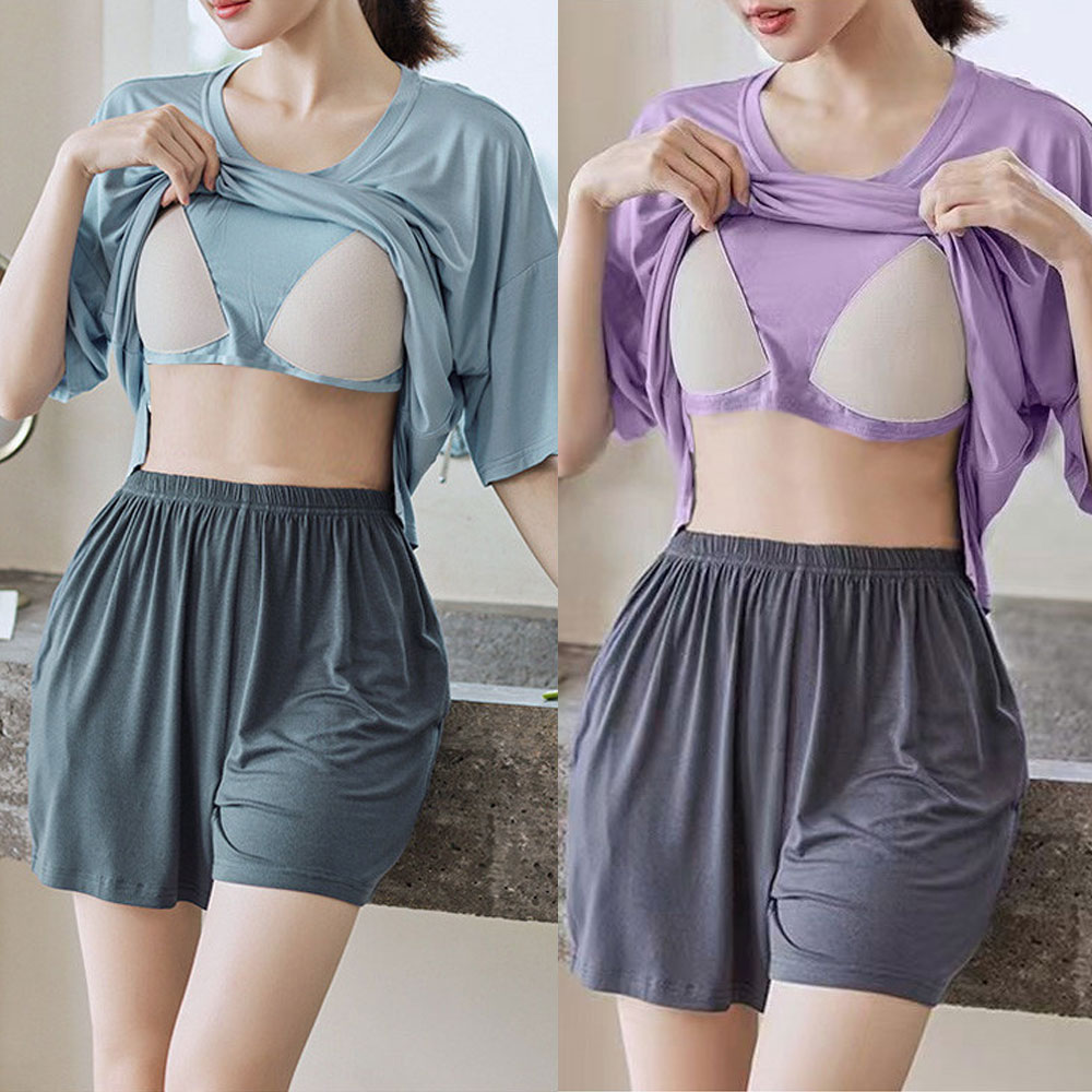모달 노브라티 브라티 노브라 루즈핏 캡내장 티셔츠+반바지 세트 이미지 4