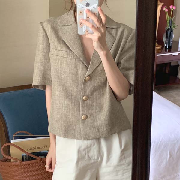 이레 여름 루즈핏 골드버튼 오피스룩 하객룩 칼라넥 반팔 린넨 트위드 싱글 자켓