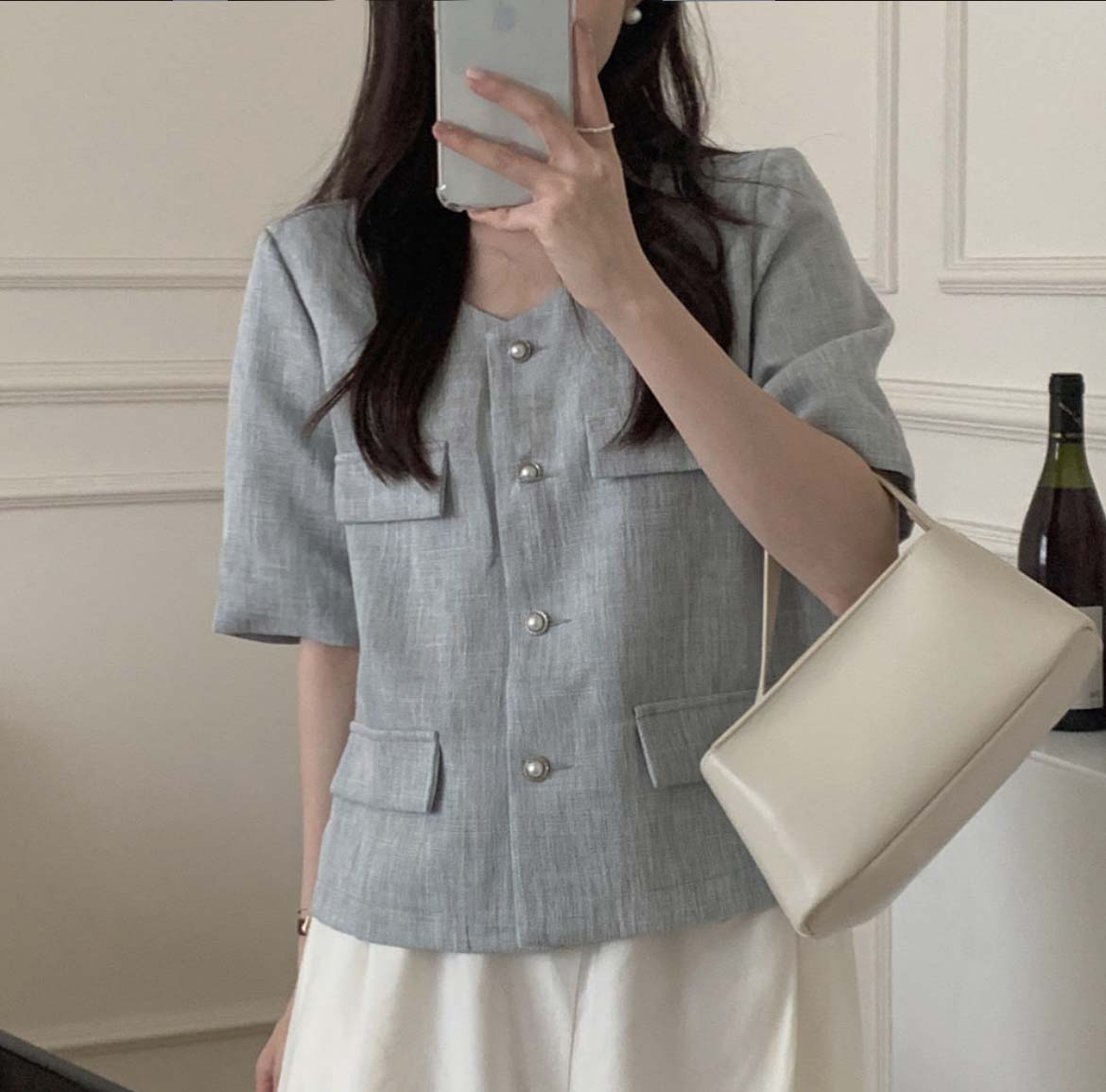 위시 린넨 여름 루즈핏 진주버튼 포켓 오피스 하객룩 노카라 숏 반팔 린넨 자켓 - 상세 이미지 2