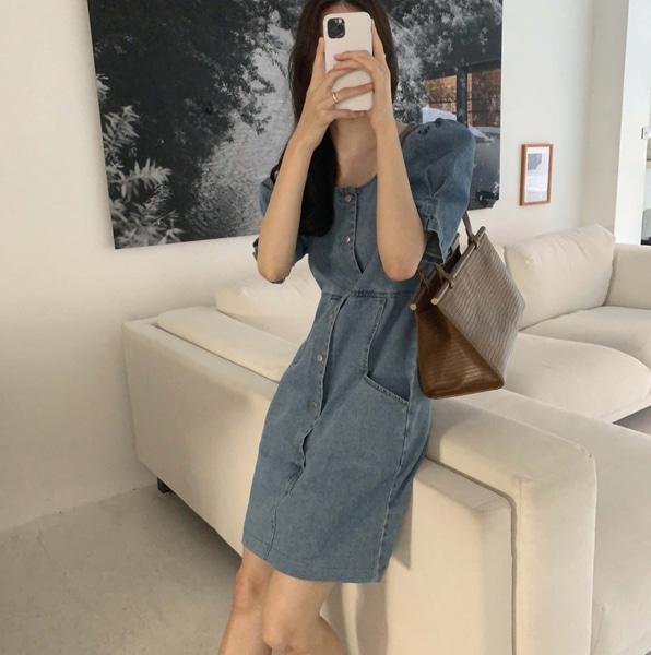 미닛미 데님 스퀘어넥 퍼프 미니 원피스 - 상세 이미지 2