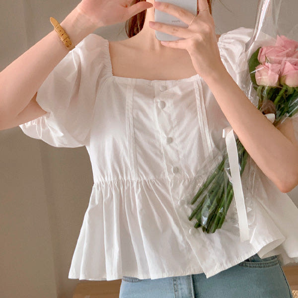 아뜨랑스 스퀘어넥 코튼 반팔 블라우스 bs7638