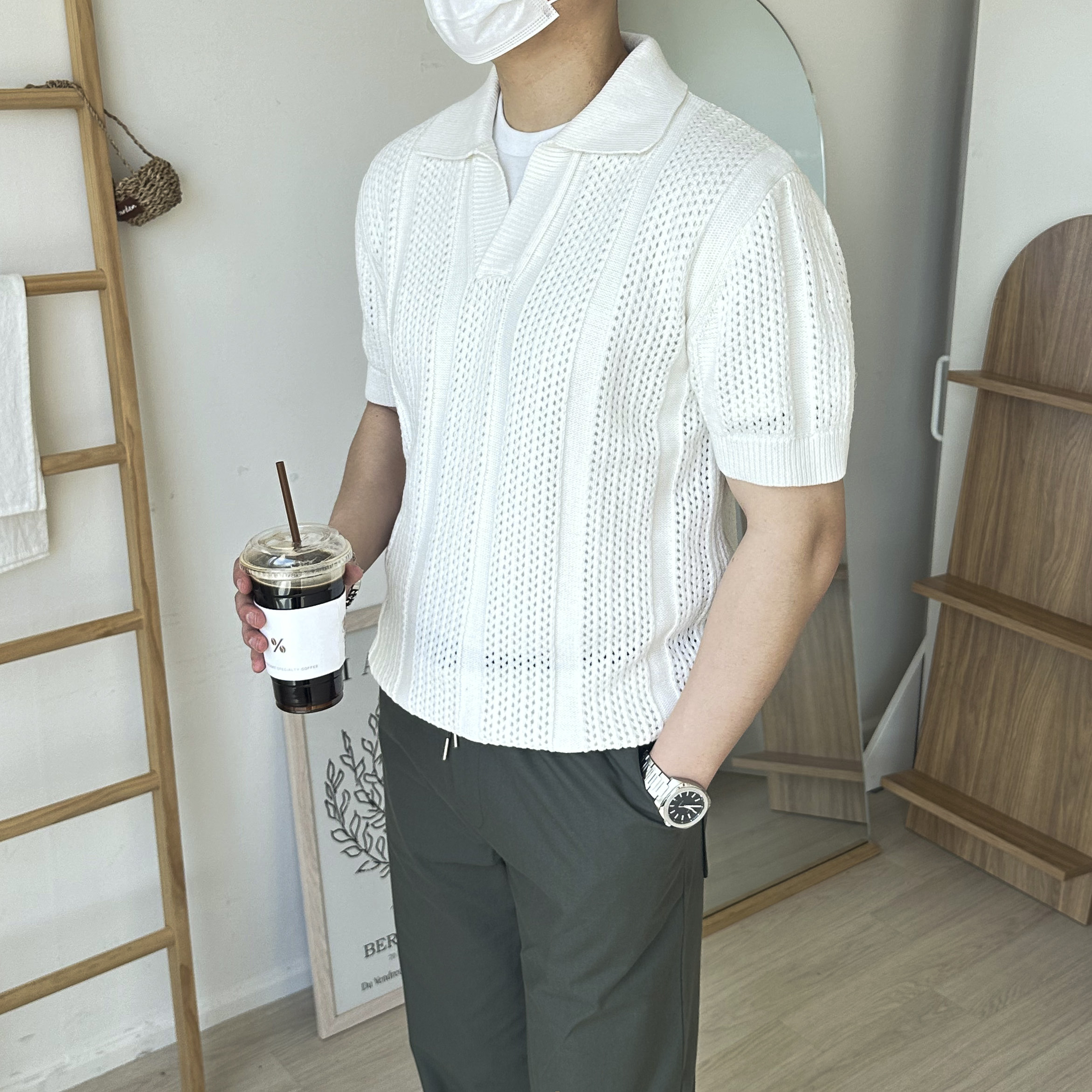 남자 크로쉐 반팔니트 펀팅 그물 망사 시스루 와플 워셔블 카라 반팔 니트티 4color - 상세 이미지 2