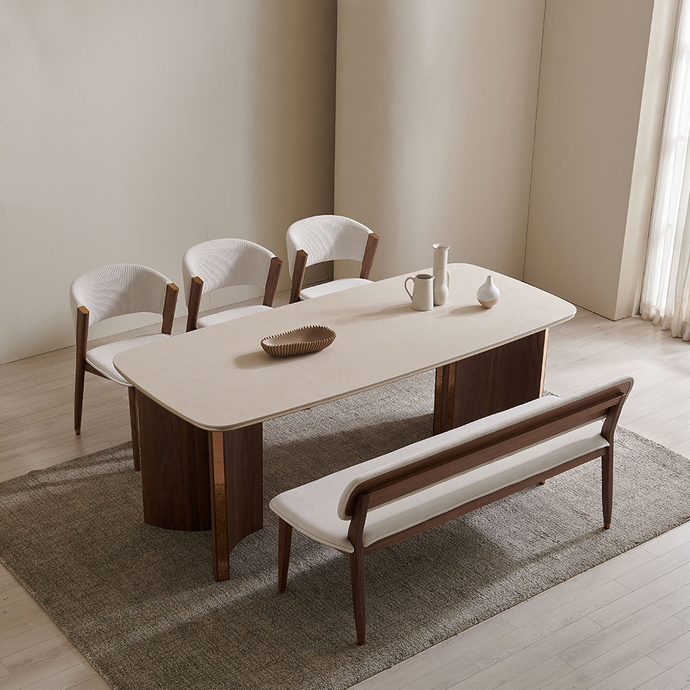 스코나 코티지 포세린 세라믹 월넛 2000 6인 다이닝 식탁세트(벤치1개+의자3개)