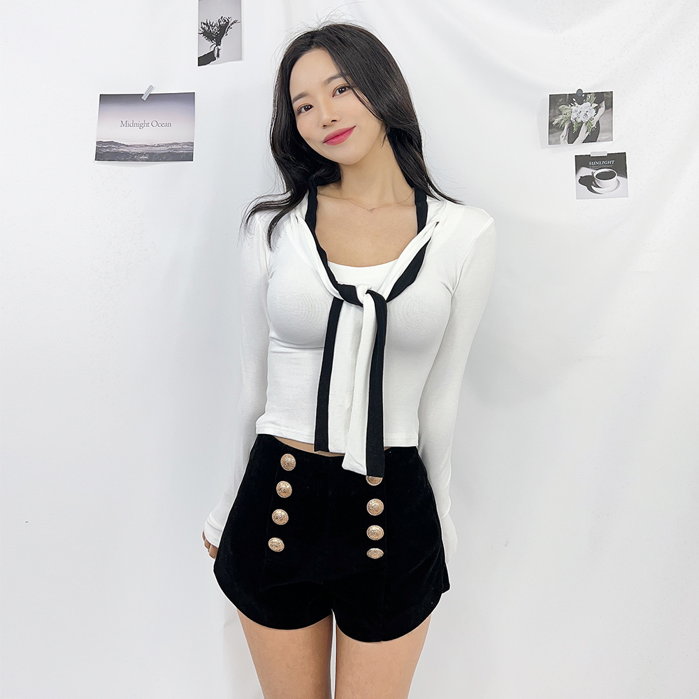 글램룩 데일리 슬림핏 타이 배색 끈 긴팔티셔츠 3color - 상세 이미지 2