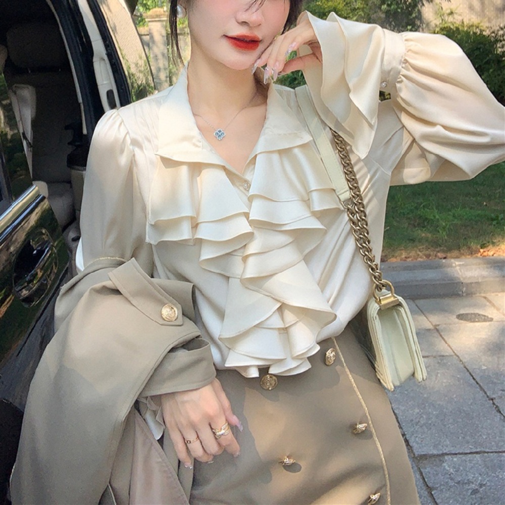 프릴 긴팔 블라우스 러플 고급 셔츠 오피스룩 연예인 패션 코디 - 상세 이미지 3