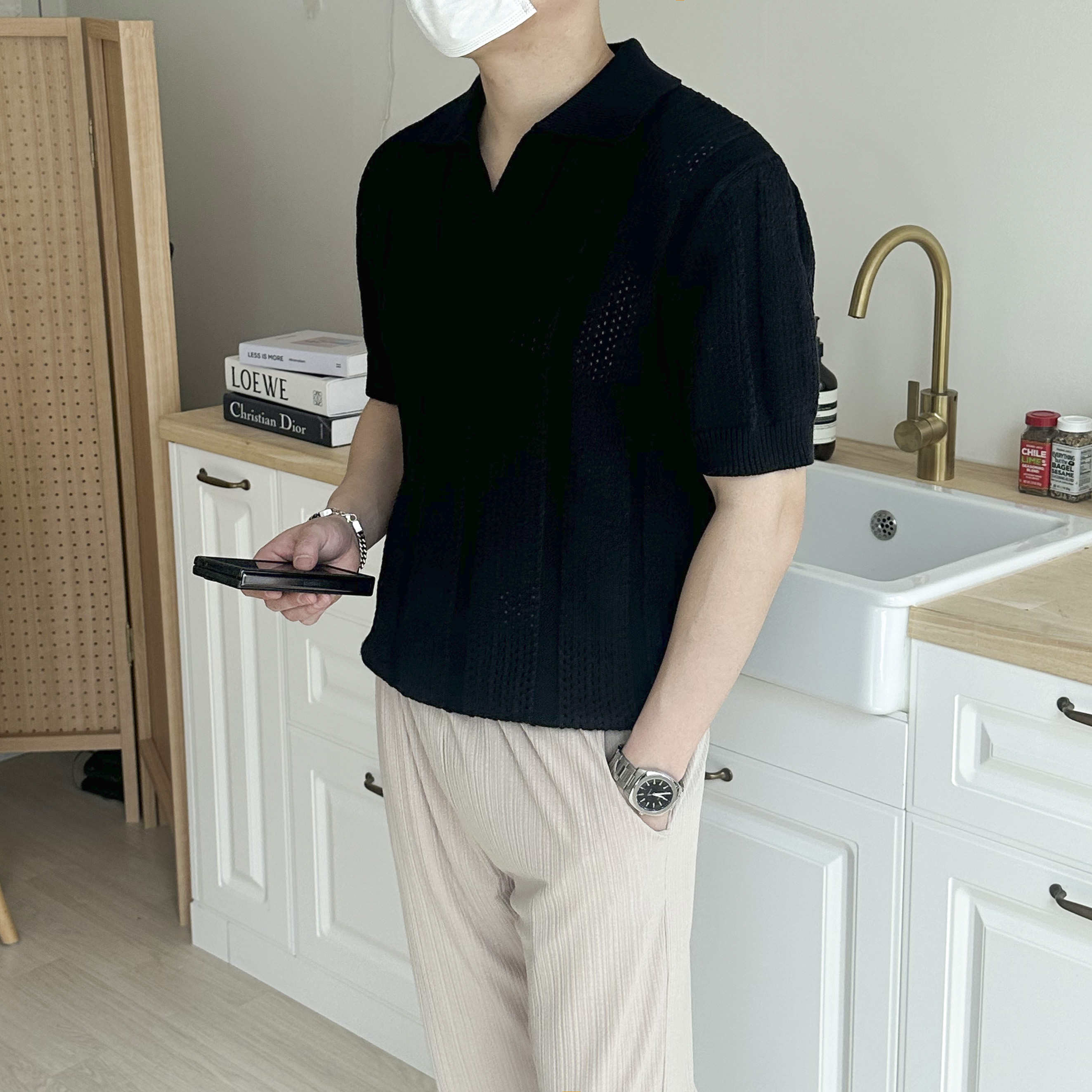 남자 크로쉐 반팔니트 펀팅 그물 망사 시스루 와플 워셔블 카라 반팔 니트티 4color 이미지 6