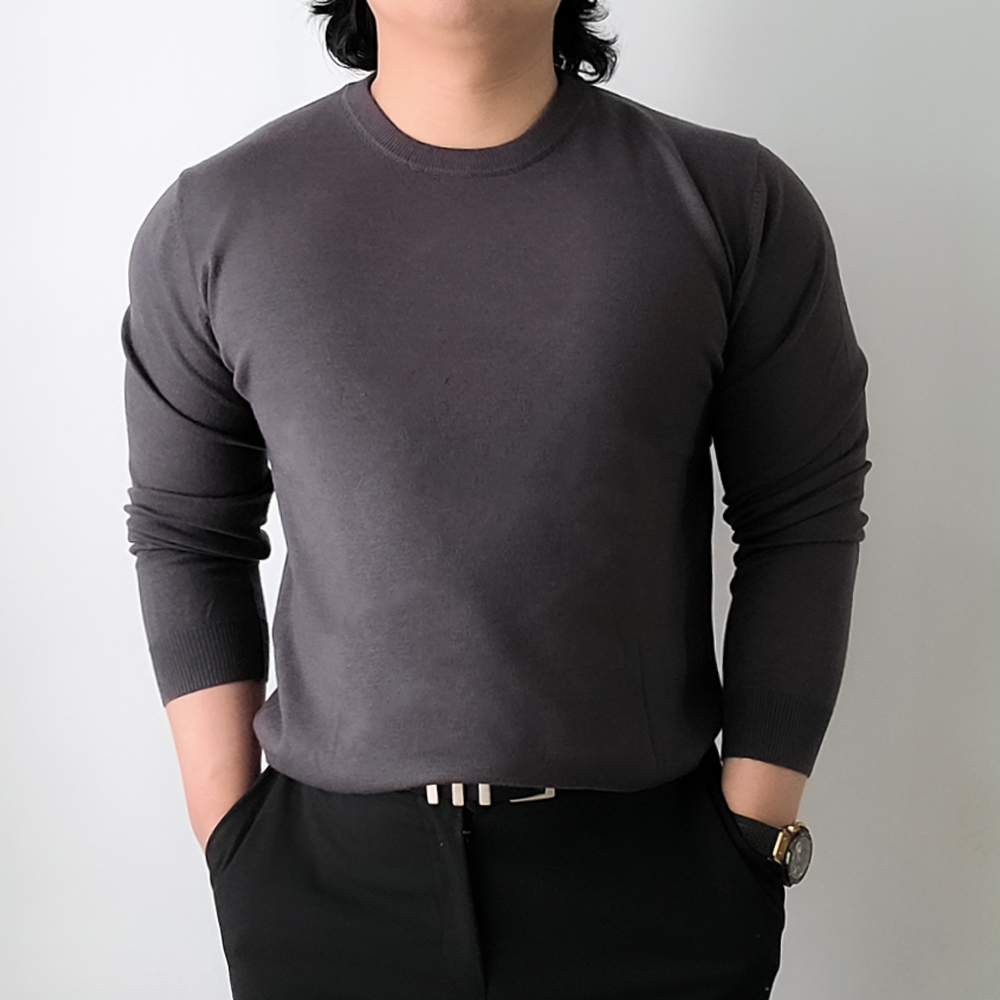 남자 흰색 코발트블루 초록색 베이지 머슬핏 라운드 긴팔 니트 이미지 6